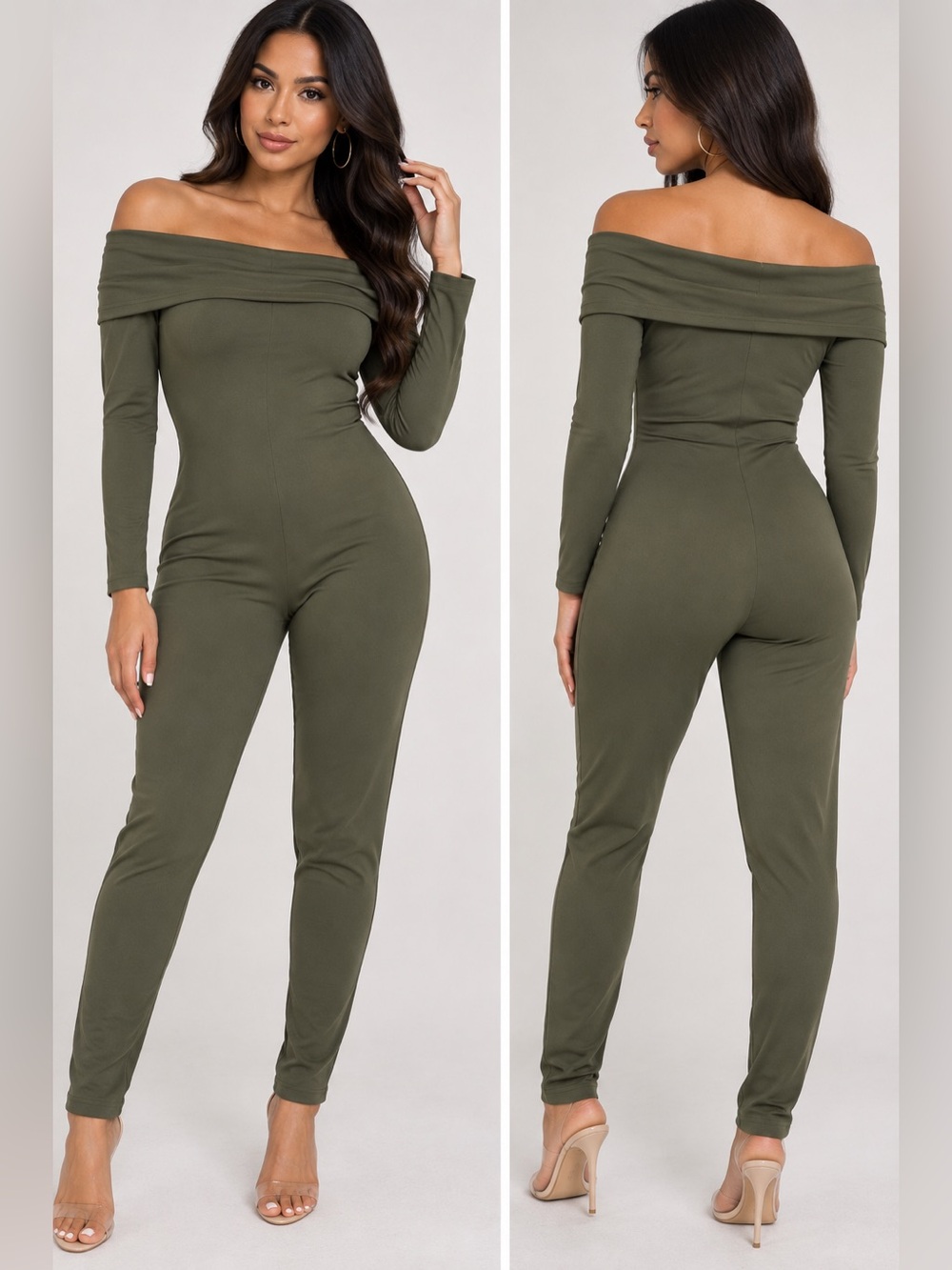 SHEIN Olive Green Off-Shoulder Long Sleeve Jumpsuit
